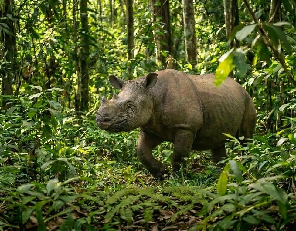 Javan Rhino walking through Jungle, with green leaves and trees surrounding it
